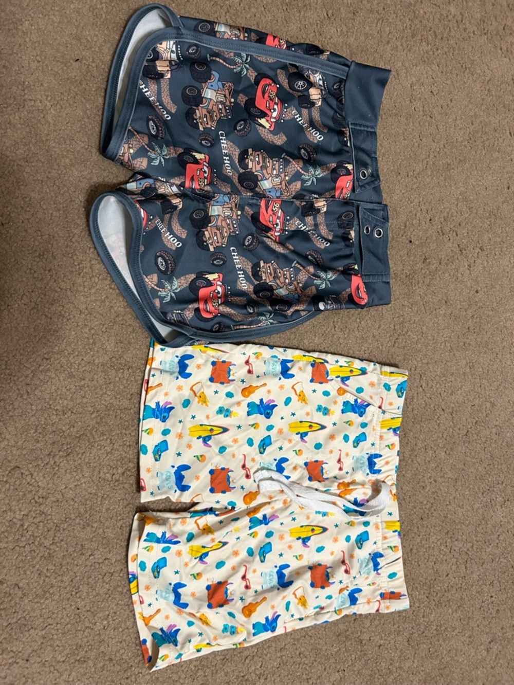 Set of 2 Disney themed Cars and Stitch Hawaiian theme Swim Trunks Set